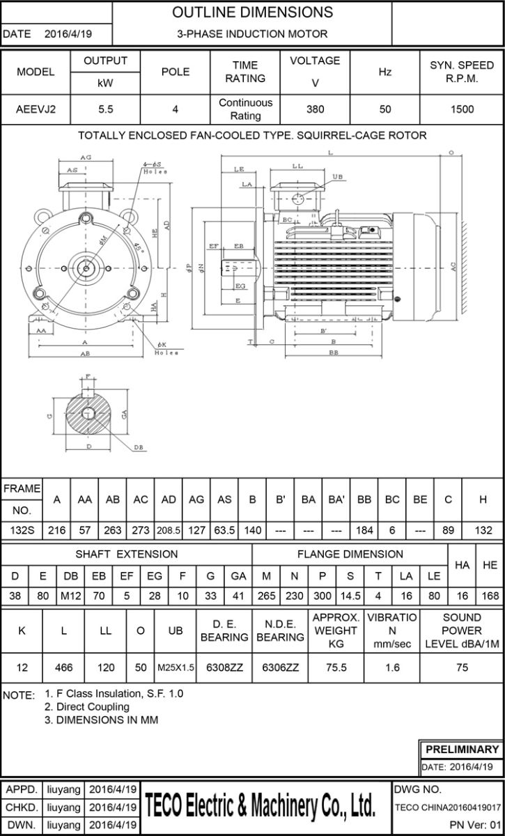 東元節(jié)能電機(jī)5.5KW 4P 臥式尺寸圖