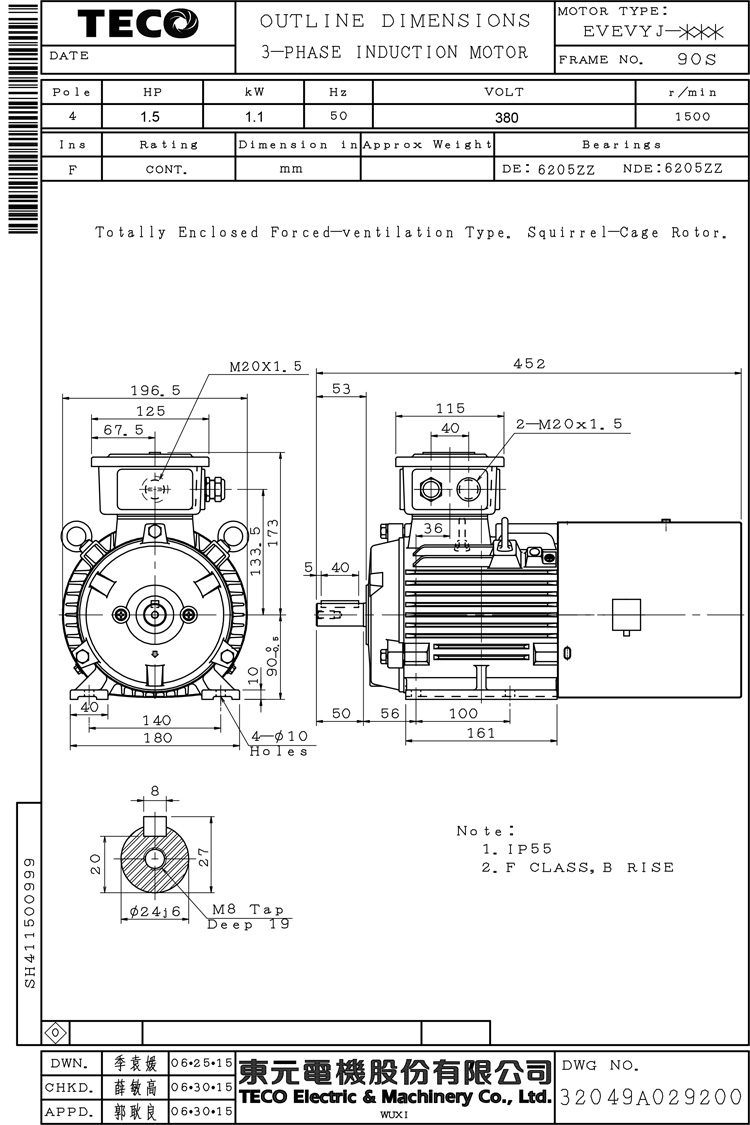 東元1.1KW 4P 臥式變頻電機(jī)尺寸圖